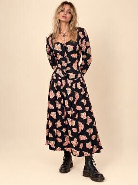 VTG 90s Donna Ricco Floral Rayon Maxi Dress 40s Revival Romantic Grunge M/L